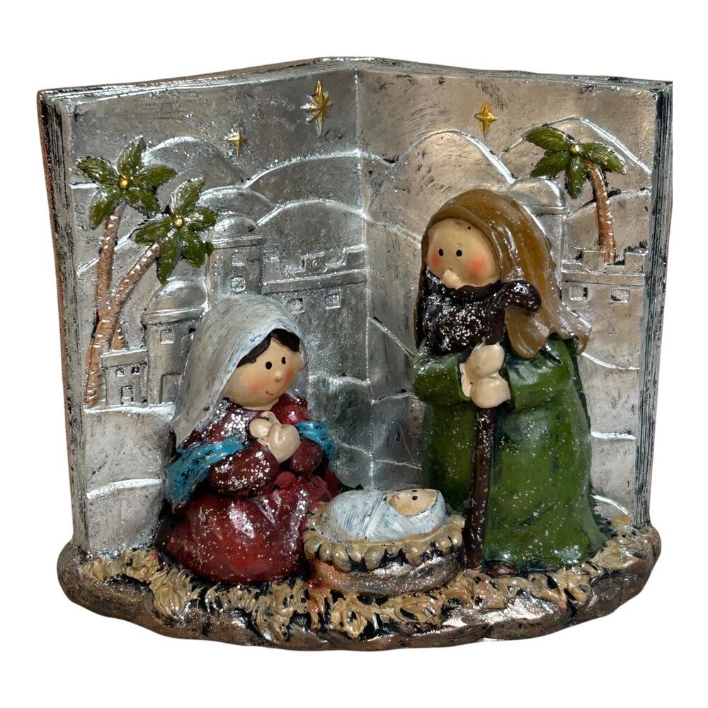 Nativity Scene Set in Open Book Silver Tone Earth Tones Christmas Home Decor